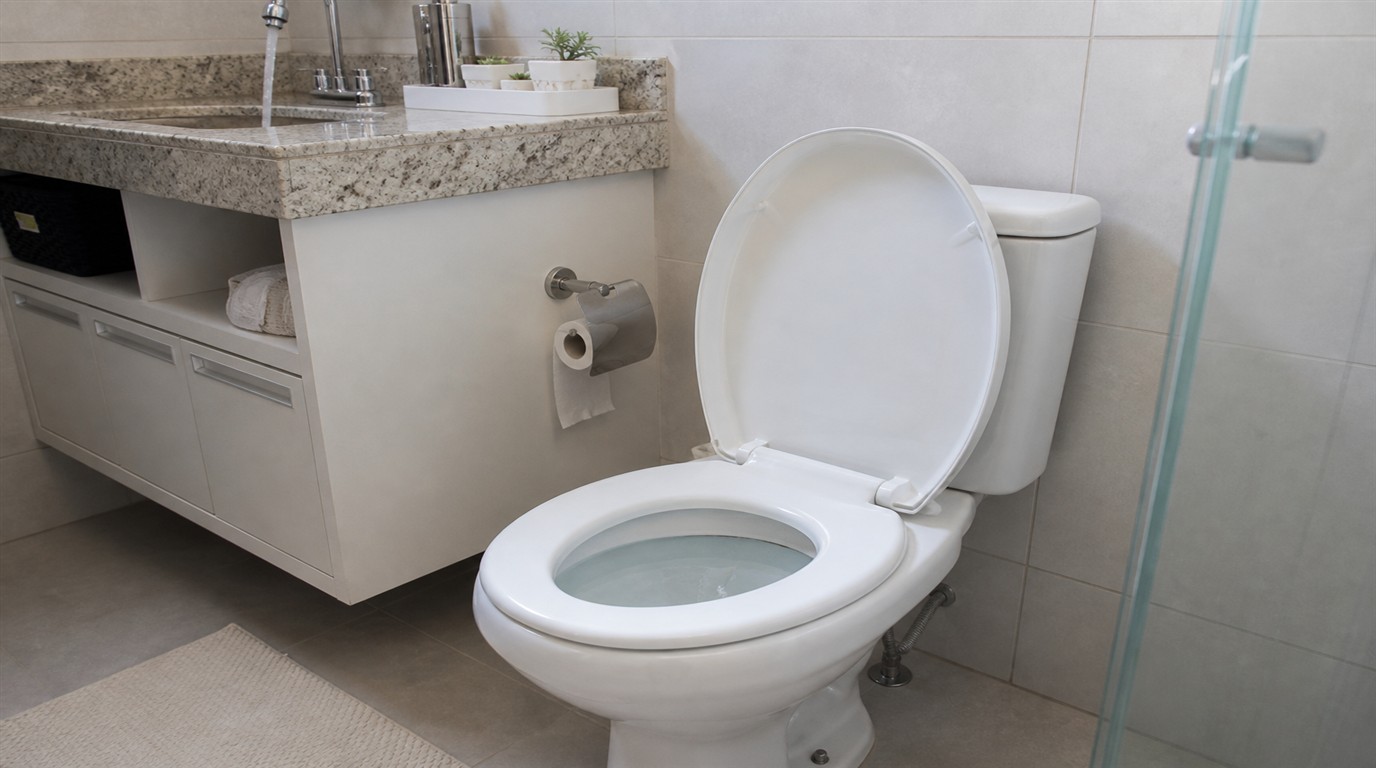 Banheiro residencial com pia e vaso sanitário no mesmo ambiente, água levemente elevada na bacia do vaso após uso da torneira da pia