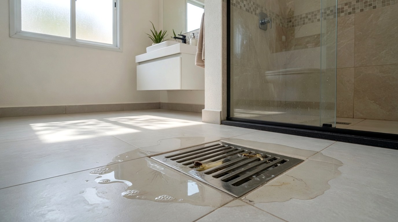 Box de banheiro com água parada no piso branco ao redor da grelha do ralo central, escoamento lento visível após o banho