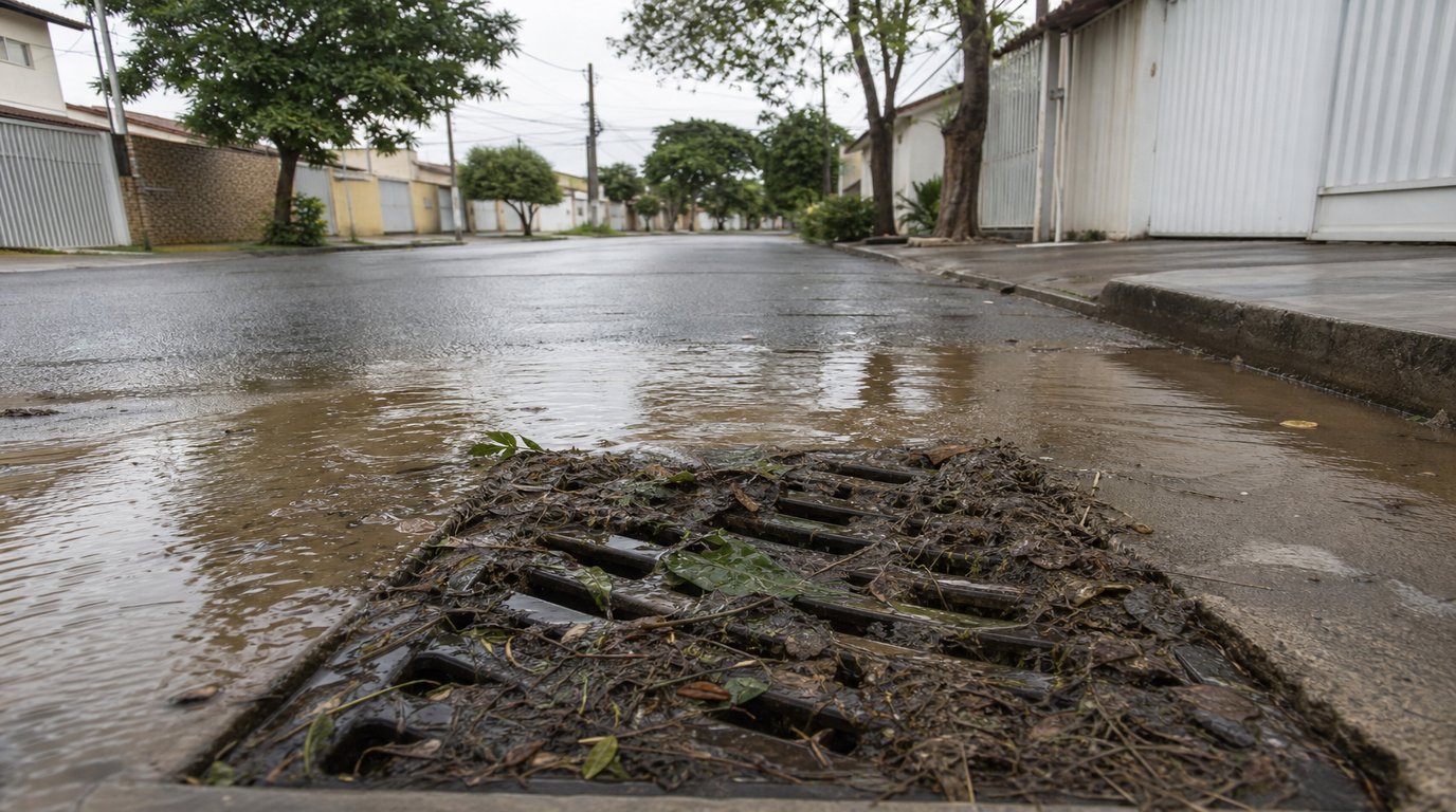 Bueiro de galeria pluvial entupido na calçada de rua residencial em Ribeirão Preto, com água acumulada ao redor da grelha