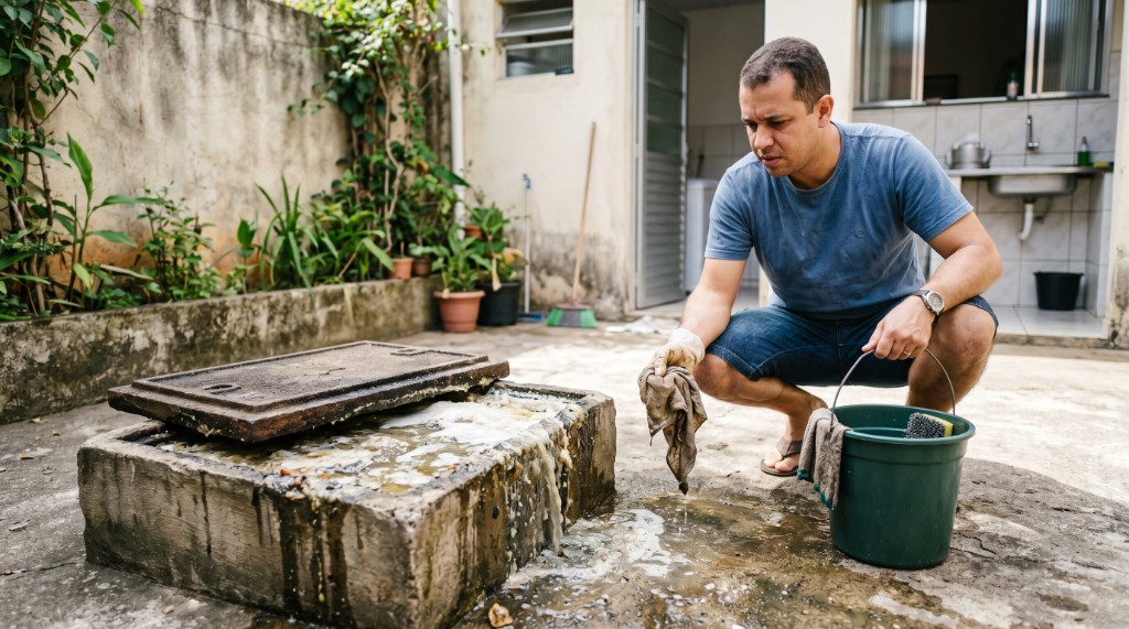 Caixa de gordura transbordando no quintal com água turva no chão e morador contendo o vazamento com panos