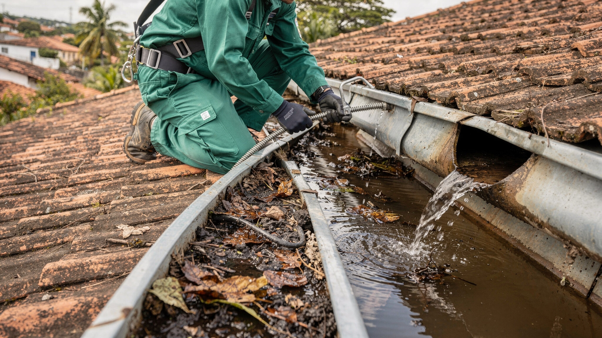 Técnico da Desentupidora GeralTec desobstruindo calha de telhado entupida e condutor pluvial em residência, com folhas e água acumuladas na calha