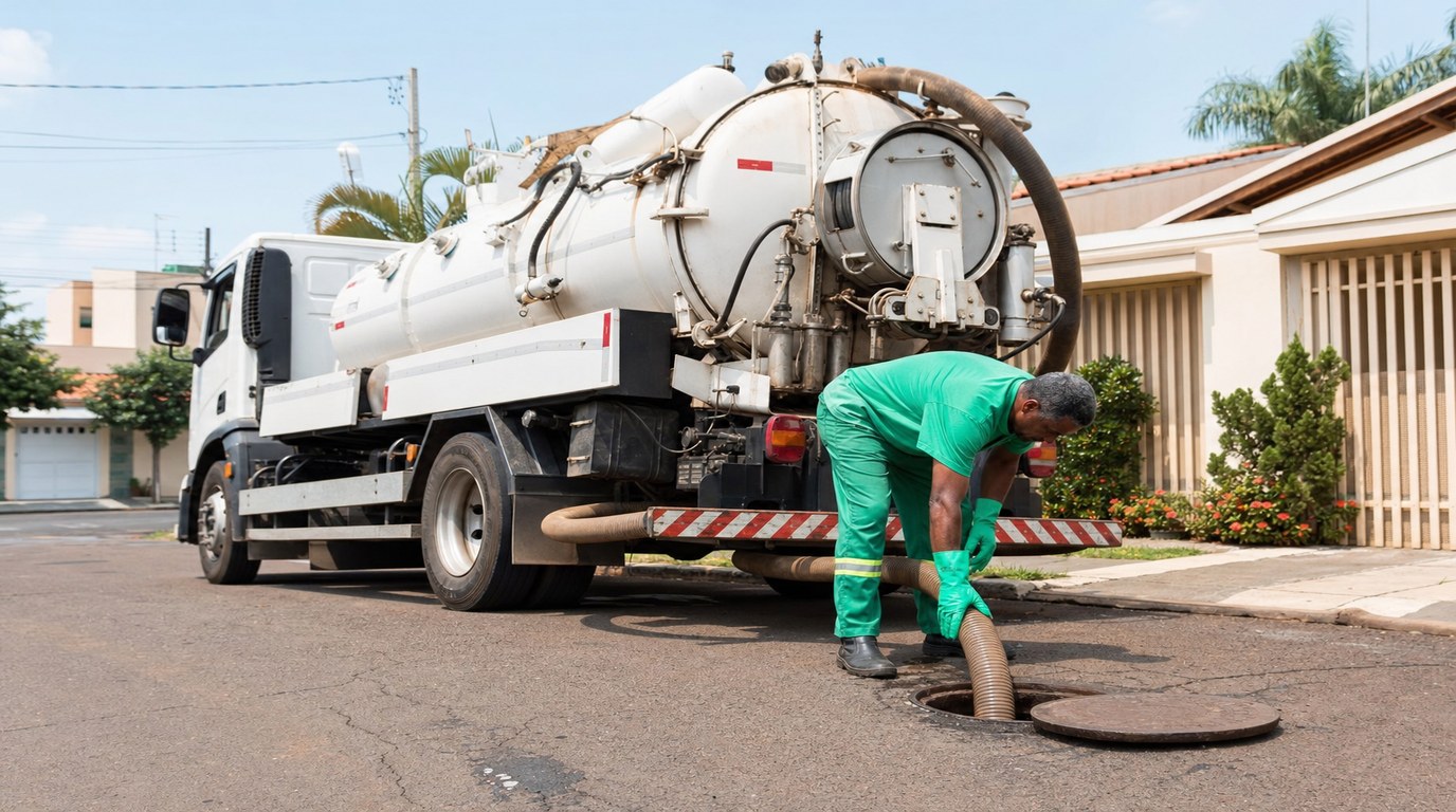 Técnico da Desentupidora GeralTec em uniforme verde operando caminhão desentupidora com mangueira de sucção conectada a acesso de esgoto em via residencial de Ribeirão Preto