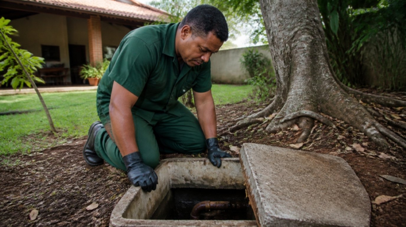 Técnico de uniforme verde observa a caixa de inspeção aberta no quintal, ao lado de uma árvore, para verificar raízes no cano de esgoto