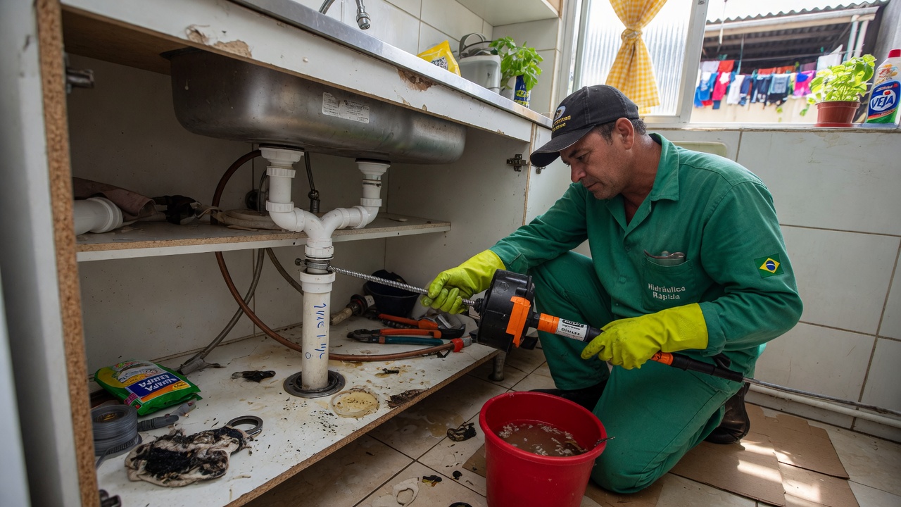 Técnico profissional utilizando máquina desentupidora em canos de PVC sob pia de cozinha, com balde de água suja e ferramentas ao lado em residência