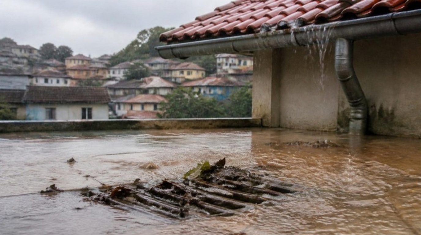 Quintal alagado durante chuva forte, com grelha de ralo entupida por folhas e calha transbordando, em bairro de morro como os de Belo Horizonte