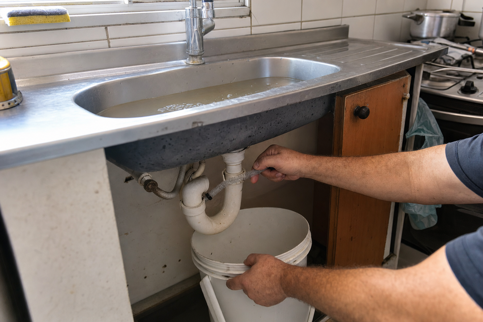 Pia de cozinha em aço inox com água acumulada no fundo e mãos limpando o sifão embaixo da bancada, tentativa caseira de desentupir sem desentupidor