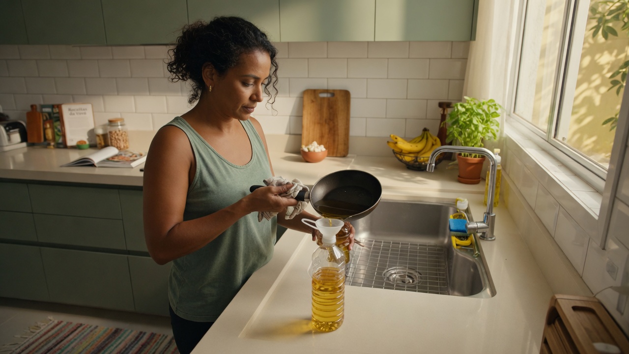 Mulher na cozinha despejando óleo de cozinha usado em garrafa com funil em vez do ralo da pia, prática para evitar entupimento de esgoto por gordura