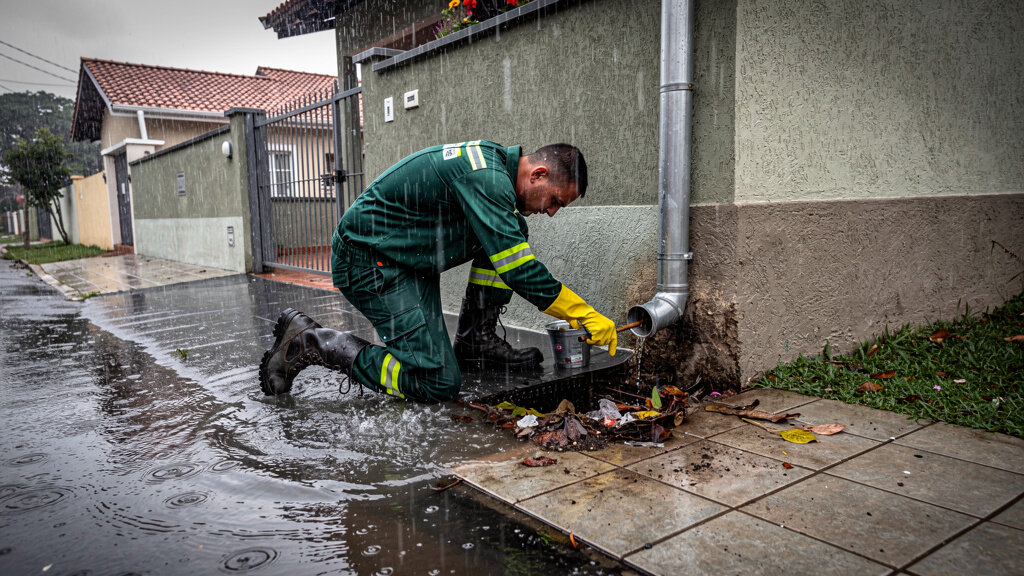 Técnico em uniforme verde removendo folhas do ralo de calha durante chuva forte em calçada residencial — como prevenir entupimento em período de chuva