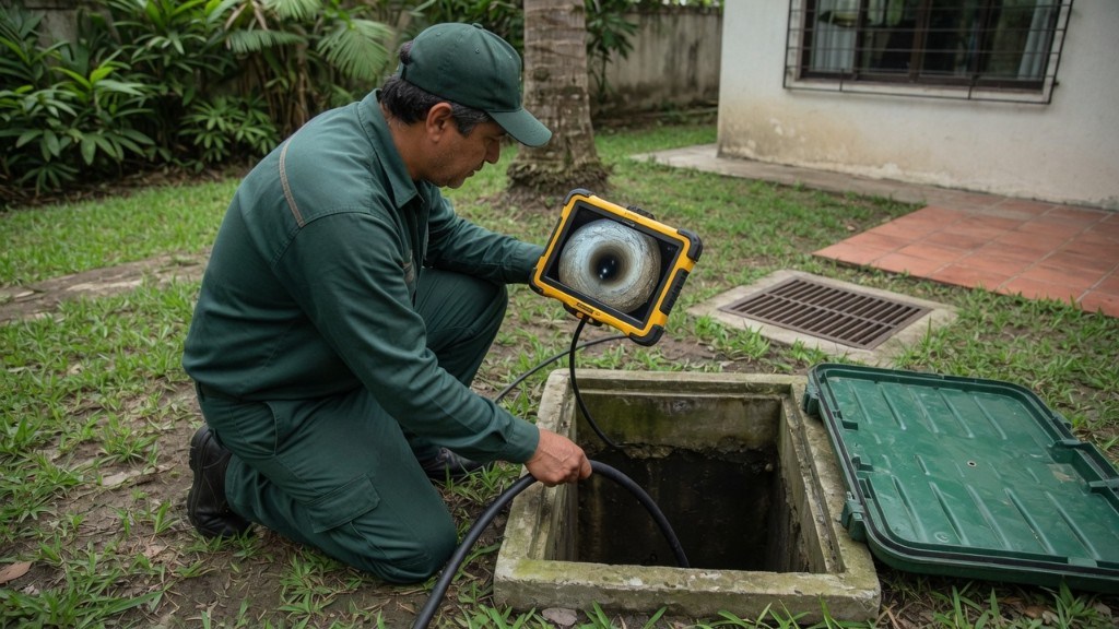 Técnico da GeralTec em uniforme verde realizando diagnóstico para localizar entupimento no esgoto, com câmera de inspeção e monitor portátil ao lado de caixa de inspeção em quintal residencial