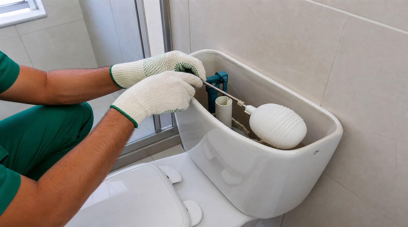 Pessoa com luvas verdes ajustando a boia da caixa acoplada de vaso sanitário com descarga lenta em banheiro residencial