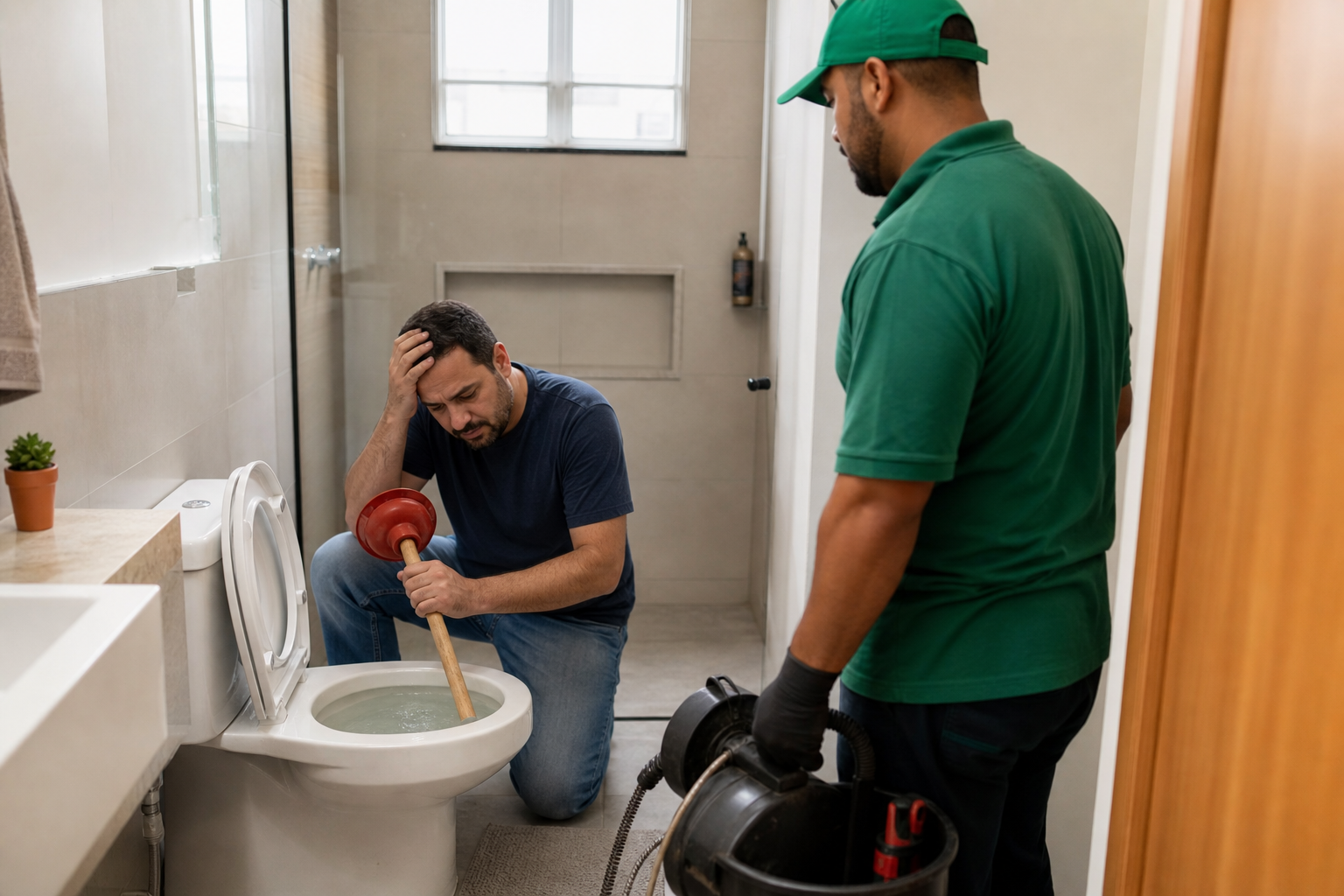 Morador tentando desentupir vaso sanitário com desentupidor de borracha sem sucesso, com água acumulada na bacia de banheiro residencial