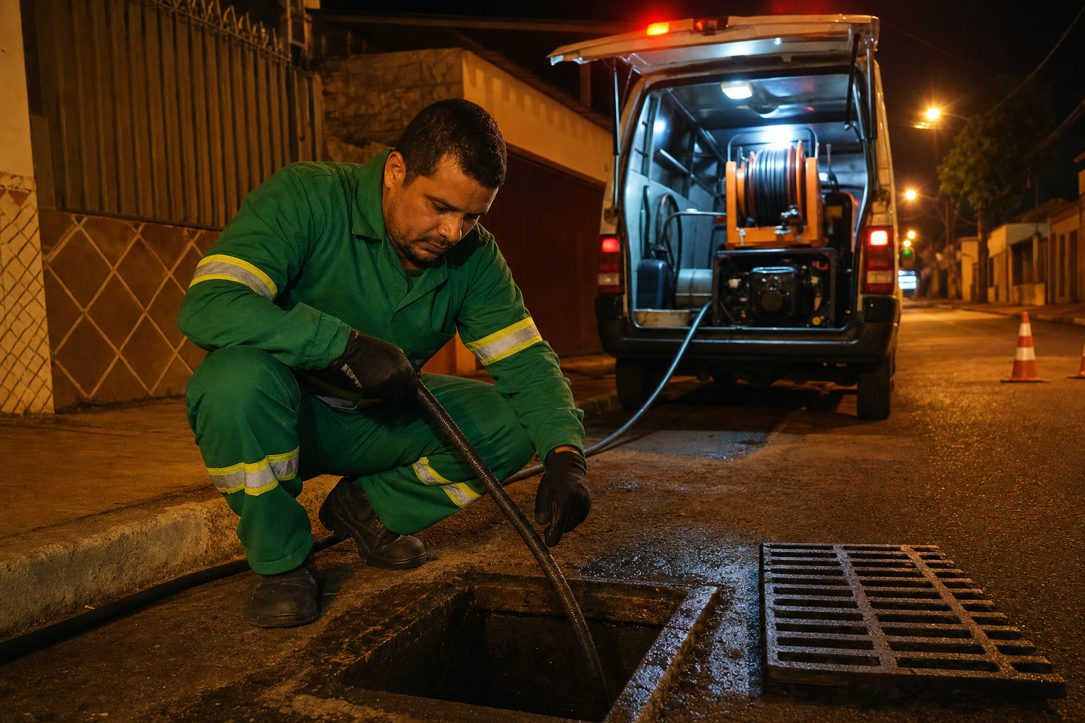 Técnico da Desentupidora GeralTec em uniforme verde realizando atendimento de emergência em desentupimento em Sertãozinho, SP, à noite