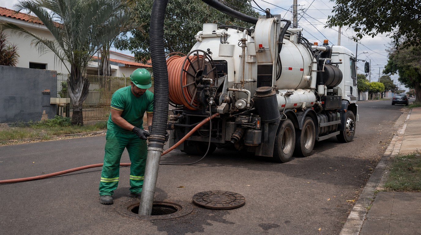 Técnico da Desentupidora GeralTec em uniforme verde operando caminhão desentupidora a vácuo com mangueira de sucção em acesso de esgoto em via residencial de Ribeirão Preto