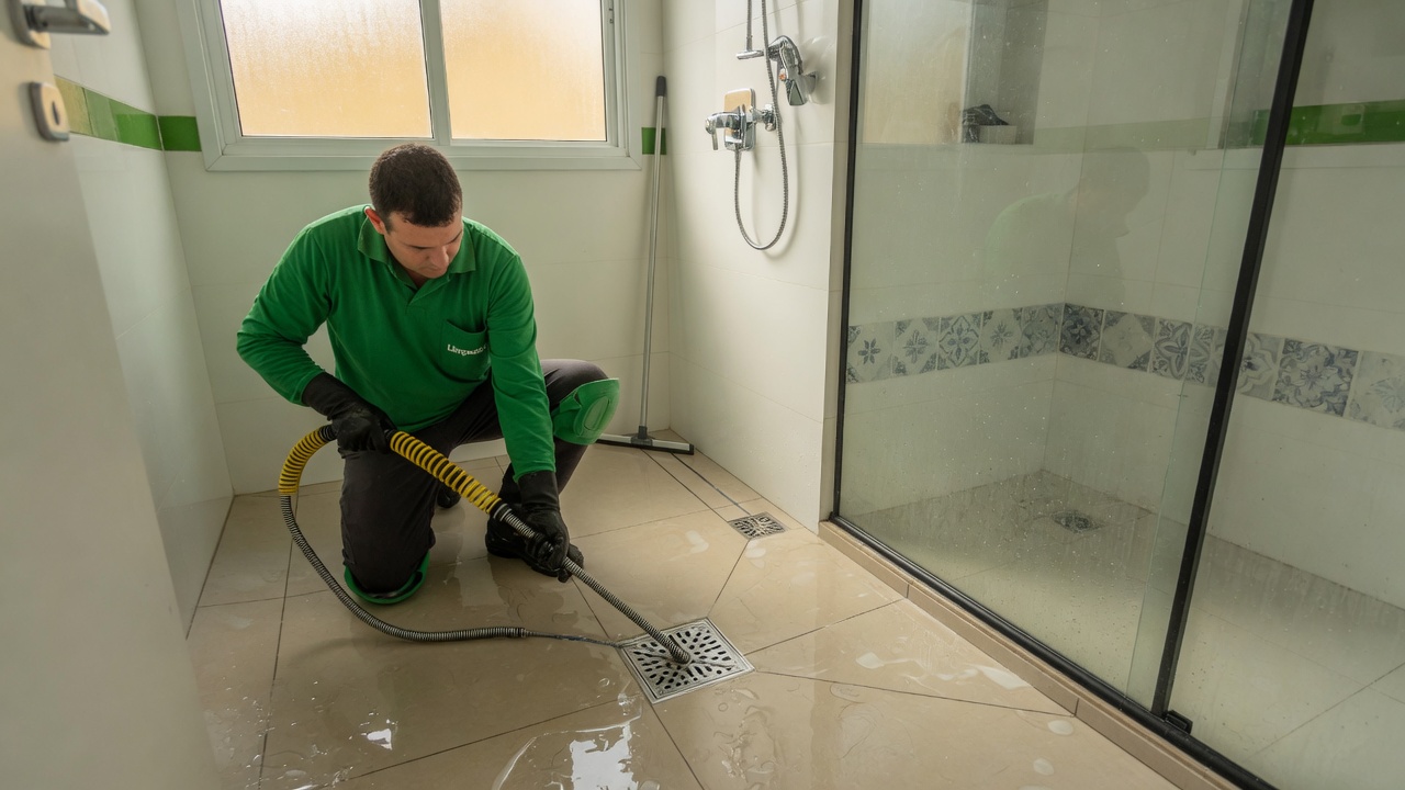 Técnico da Desentupidora GeralTec usando cabo flexível no ralo do chuveiro em banheiro residencial — desentupimento de chuveiro em Ribeirão Preto
