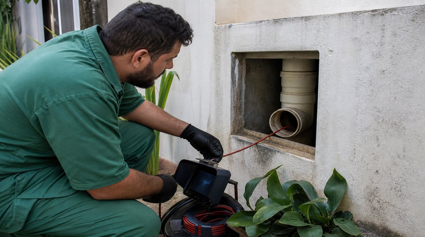 Técnico da Desentupidora GeralTec em uniforme verde inspecionando conduíte de esgoto em caixa de inspeção em imóvel residencial de Ribeirão Preto