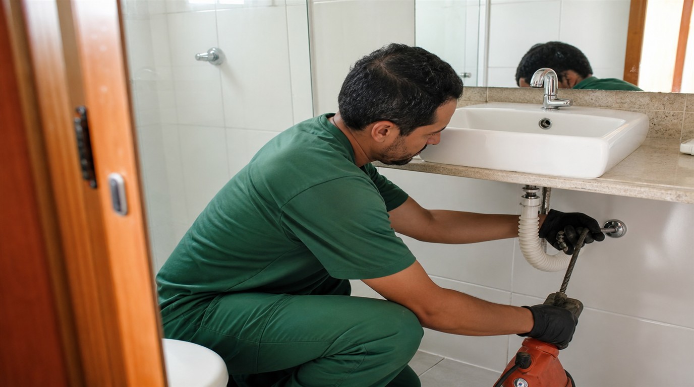 Técnico da Desentupidora GeralTec em uniforme verde desentupindo pia de banheiro residencial em Batatais, SP