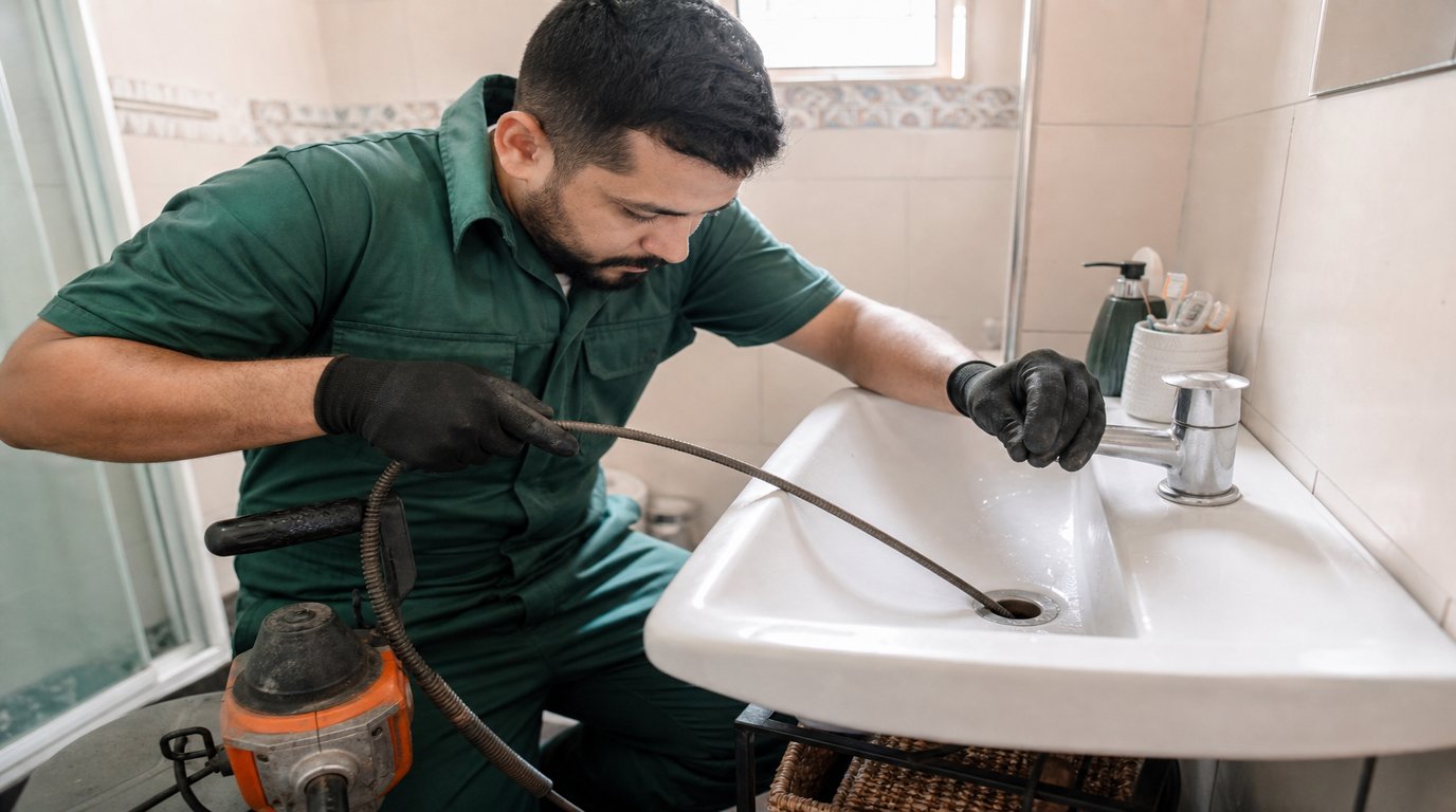 Técnico da Desentupidora GeralTec em uniforme verde desentupindo pia de banheiro residencial em Jaboticabal, SP