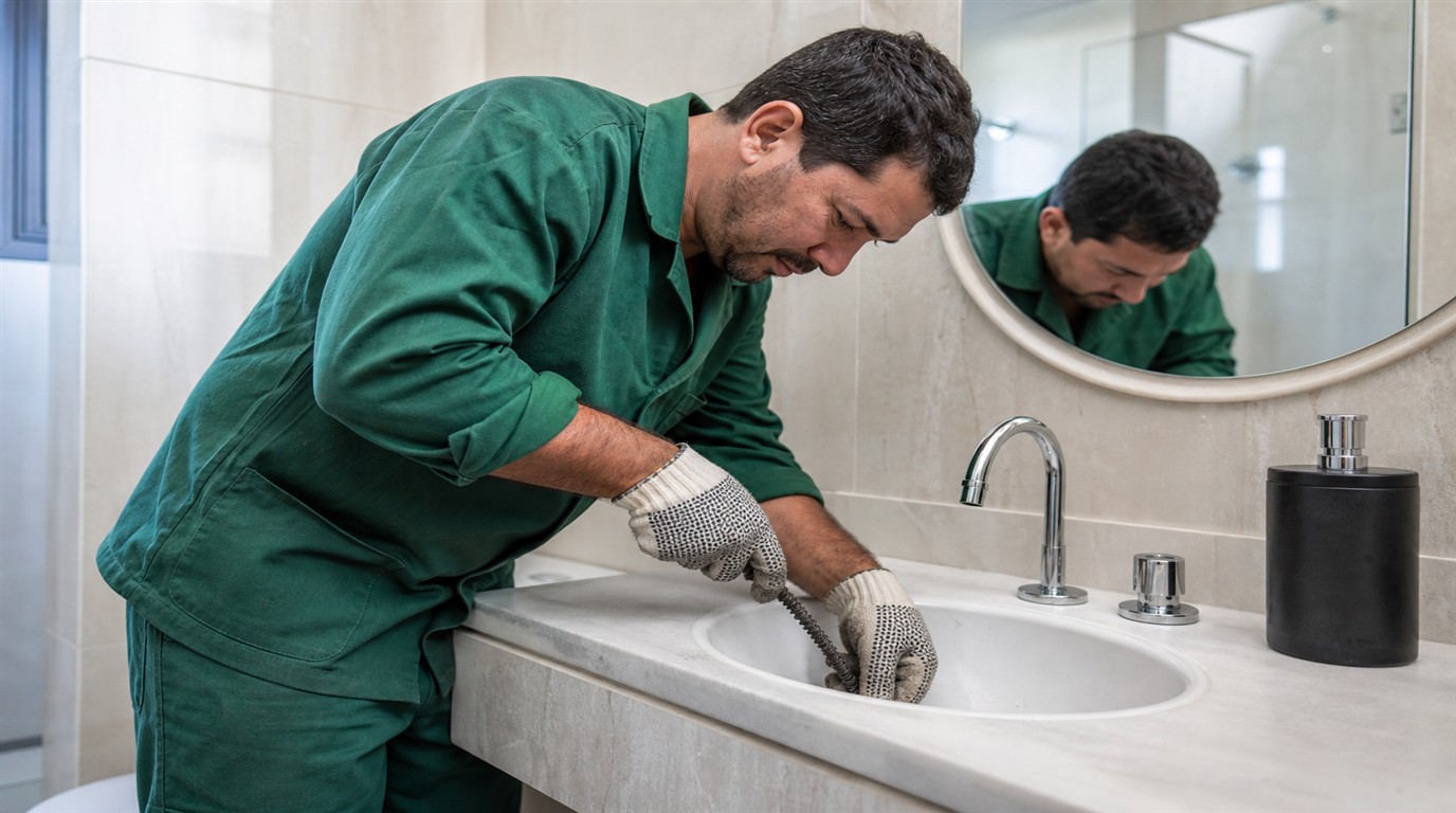 Técnico da Desentupidora GeralTec em uniforme verde desentupindo pia de banheiro residencial em Mococa, SP