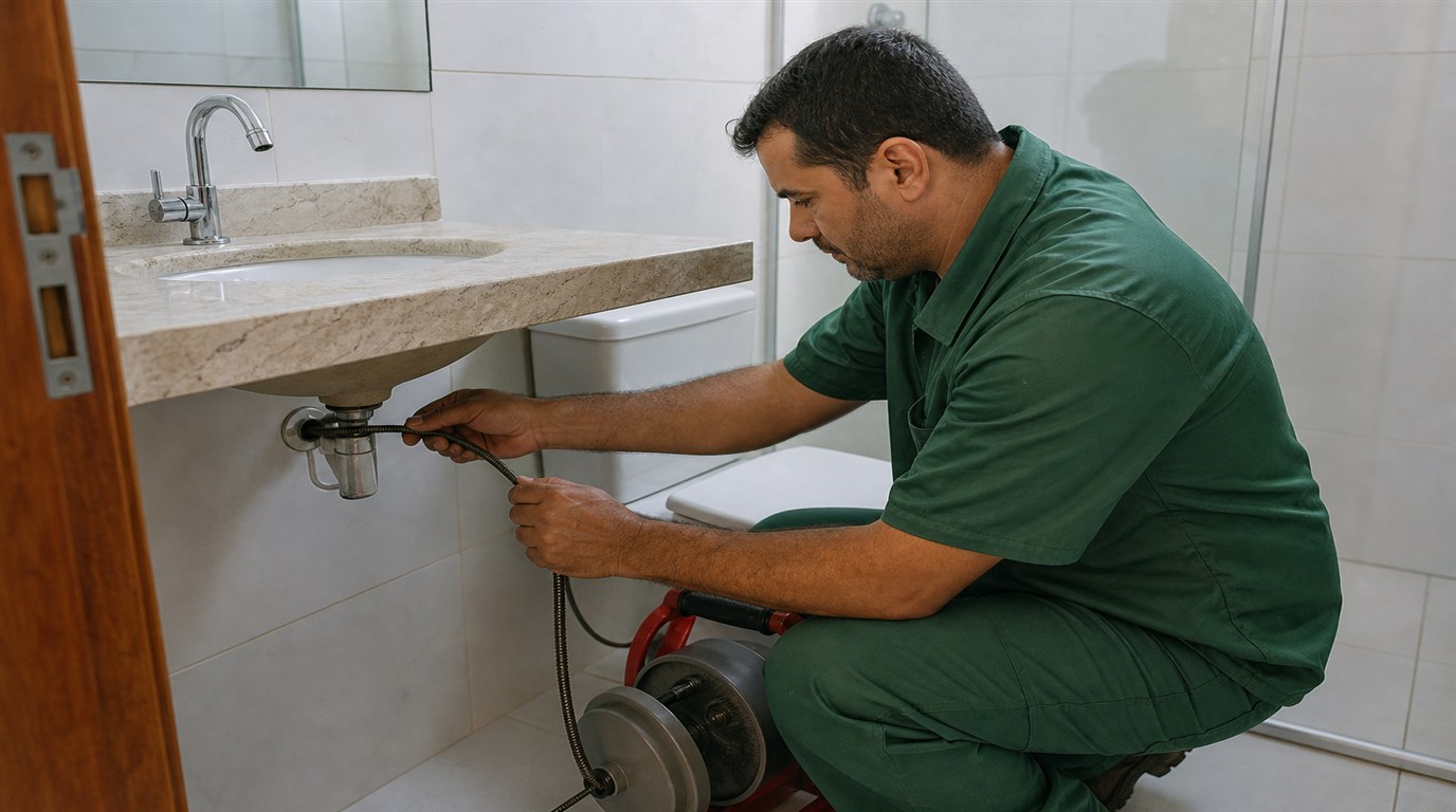 Técnico da Desentupidora GeralTec em uniforme verde desentupindo pia de banheiro residencial em Sertãozinho, SP
