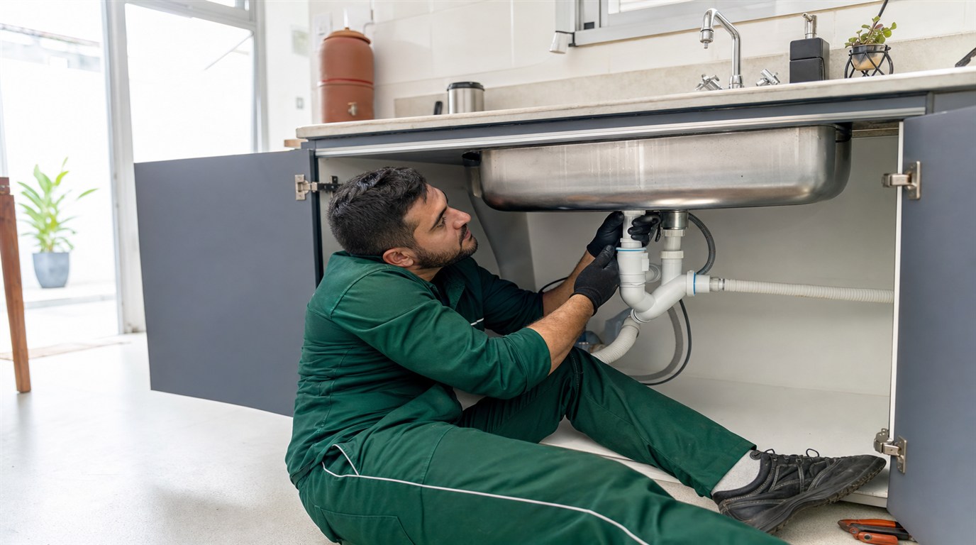 Técnico da Desentupidora GeralTec em uniforme verde desentupindo pia de cozinha residencial em Batatais, SP