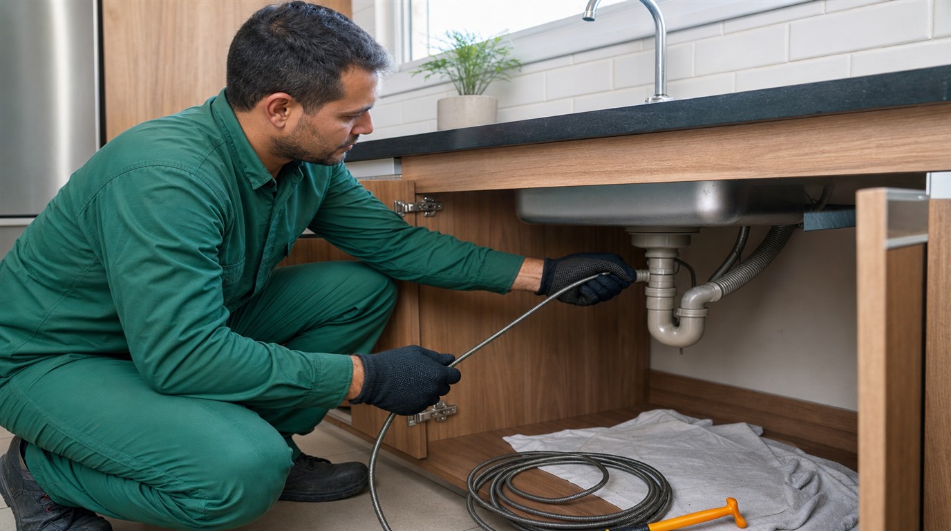 Técnico da Desentupidora GeralTec em uniforme verde desentupindo pia de cozinha residencial em Jaboticabal, SP