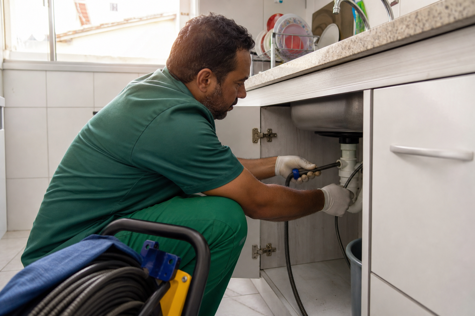 Técnico da Desentupidora GeralTec em uniforme verde desentupindo pia de cozinha residencial em Mococa, SP