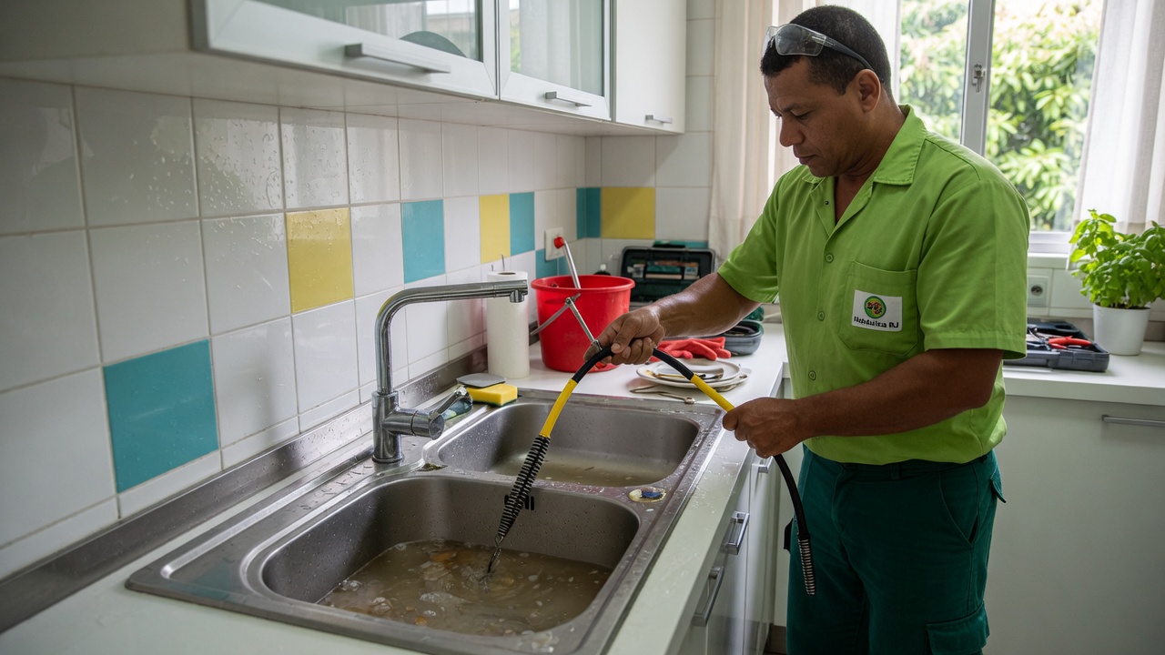 Técnico da Desentupidora GeralTec desentupindo pia de cozinha com cabo flexível em residência em Ribeirão Preto