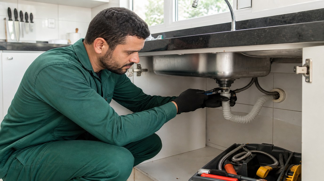 Técnico da Desentupidora GeralTec em uniforme verde desentupindo pia de cozinha residencial em Sertãozinho, SP