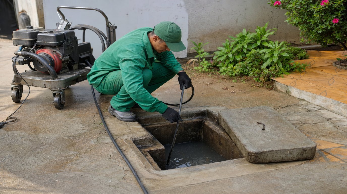 Técnico da Desentupidora GeralTec em uniforme verde realizando hidrojateamento em rede de esgoto residencial em Ribeirão Preto, SP