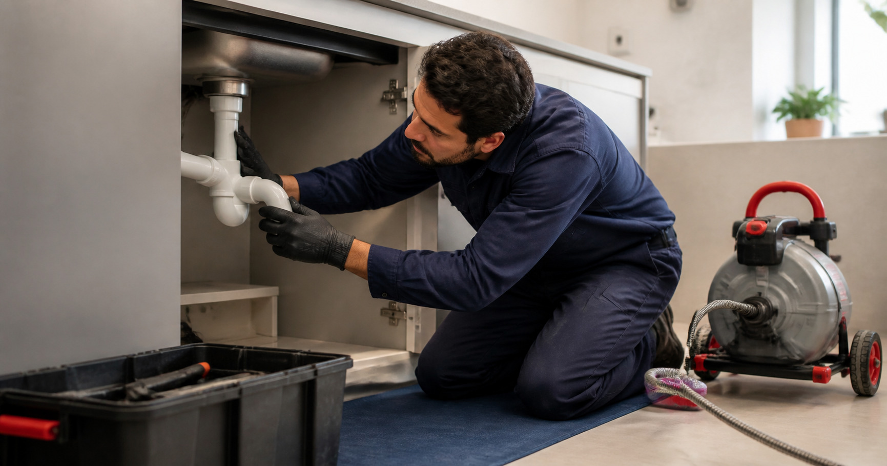 Técnico da Desentupidora GeralTec inspecionando tubulação sob pia em cozinha residencial