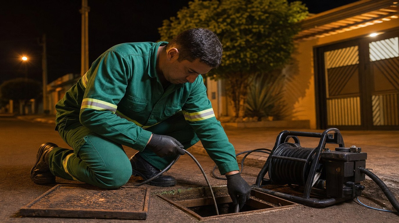 Técnico da Desentupidora GeralTec em uniforme verde em atendimento de emergência noturna de desentupimento em Jaboticabal, SP