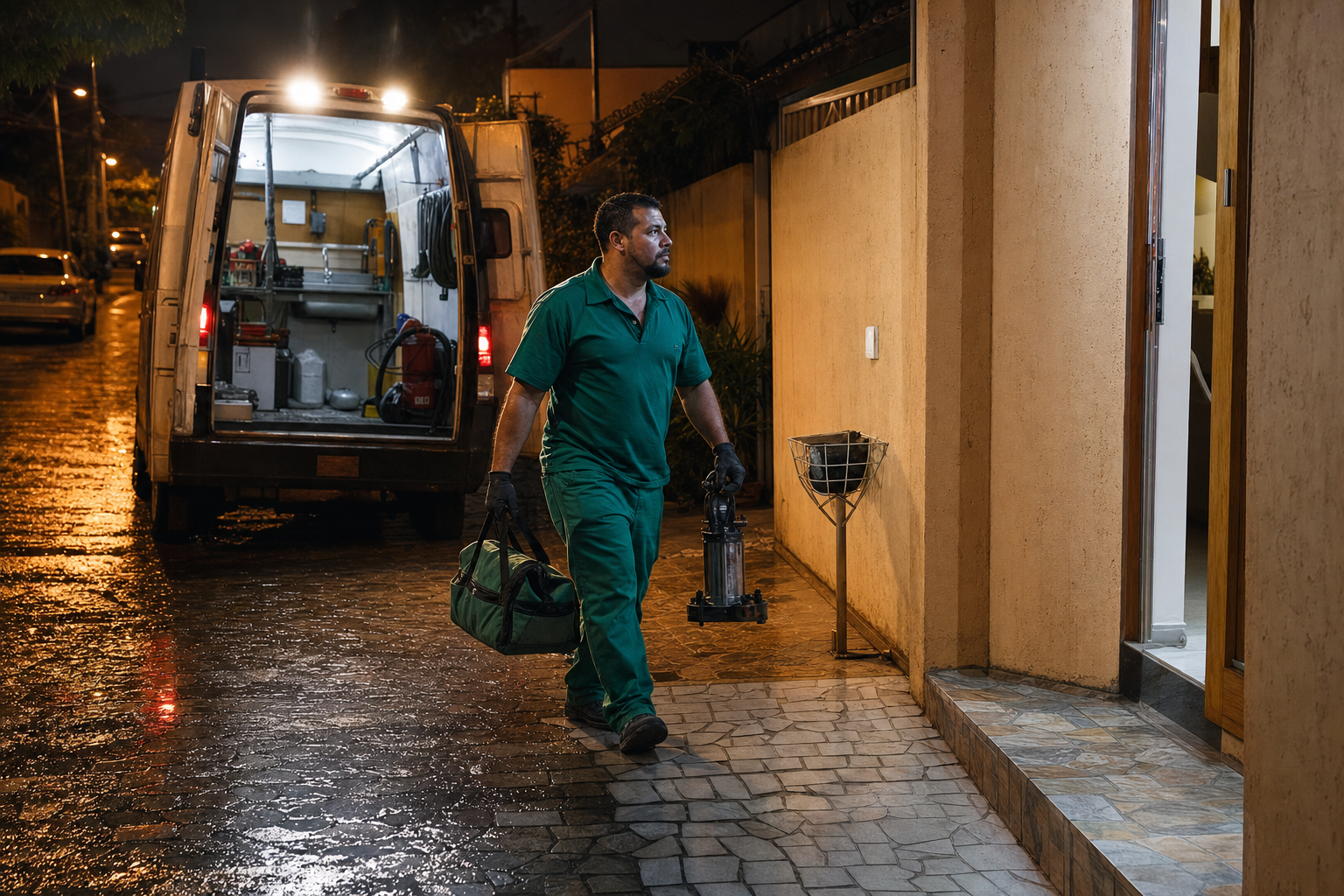 Técnico da Desentupidora GeralTec em uniforme verde em atendimento de emergência noturna de desentupimento em Mococa, SP