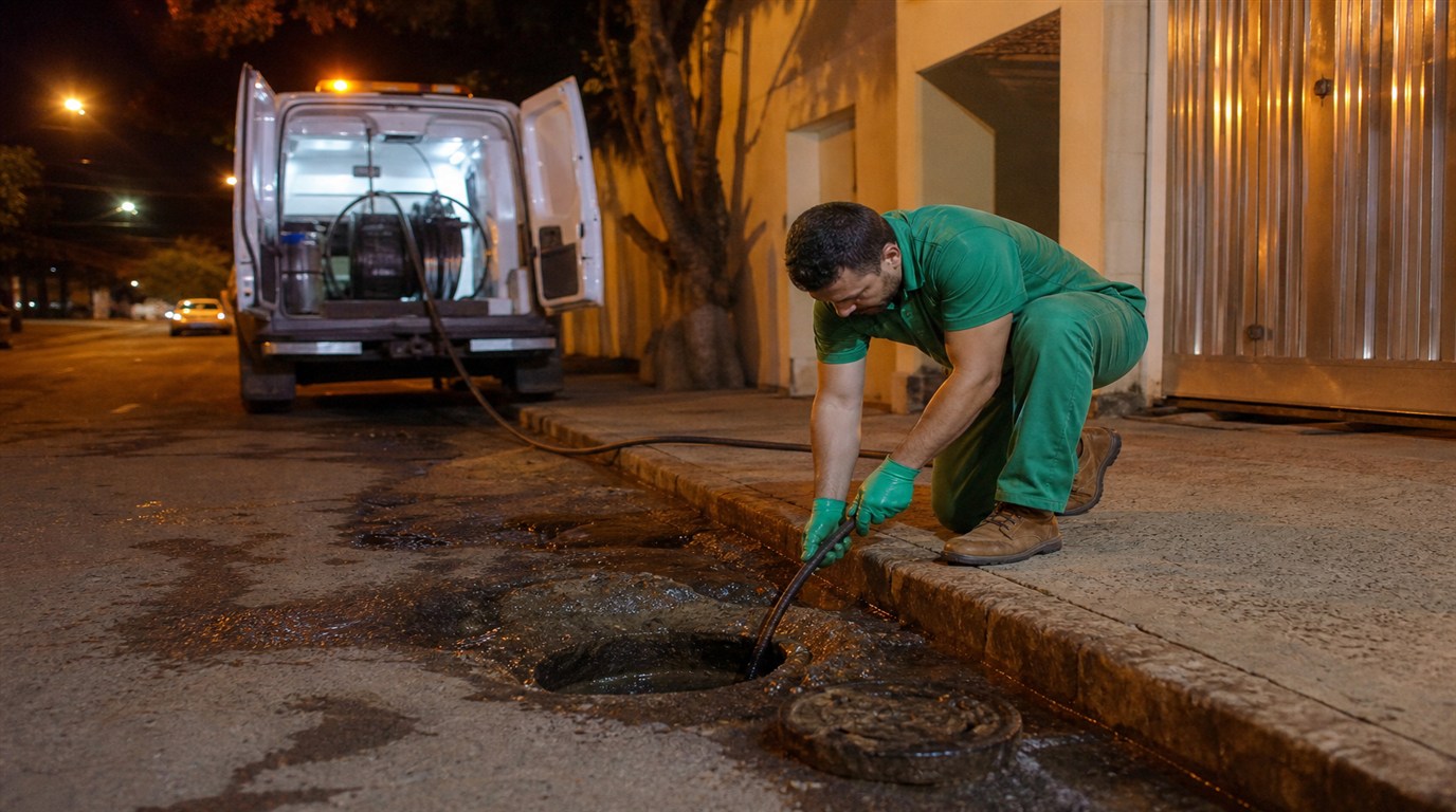 Técnico da Desentupidora GeralTec em uniforme verde em atendimento de emergência noturna de desentupimento em Sertãozinho, SP