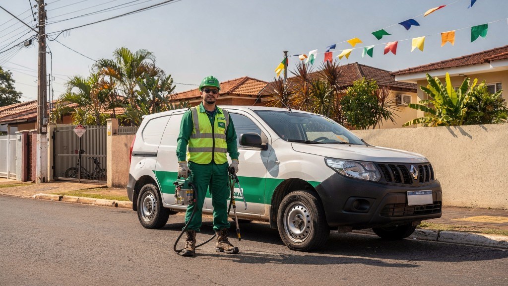Técnico da Desentupidora GeralTec em uniforme verde e colete refletivo ao lado de van de atendimento em rua residencial decorada para festa junina em Ribeirão Preto