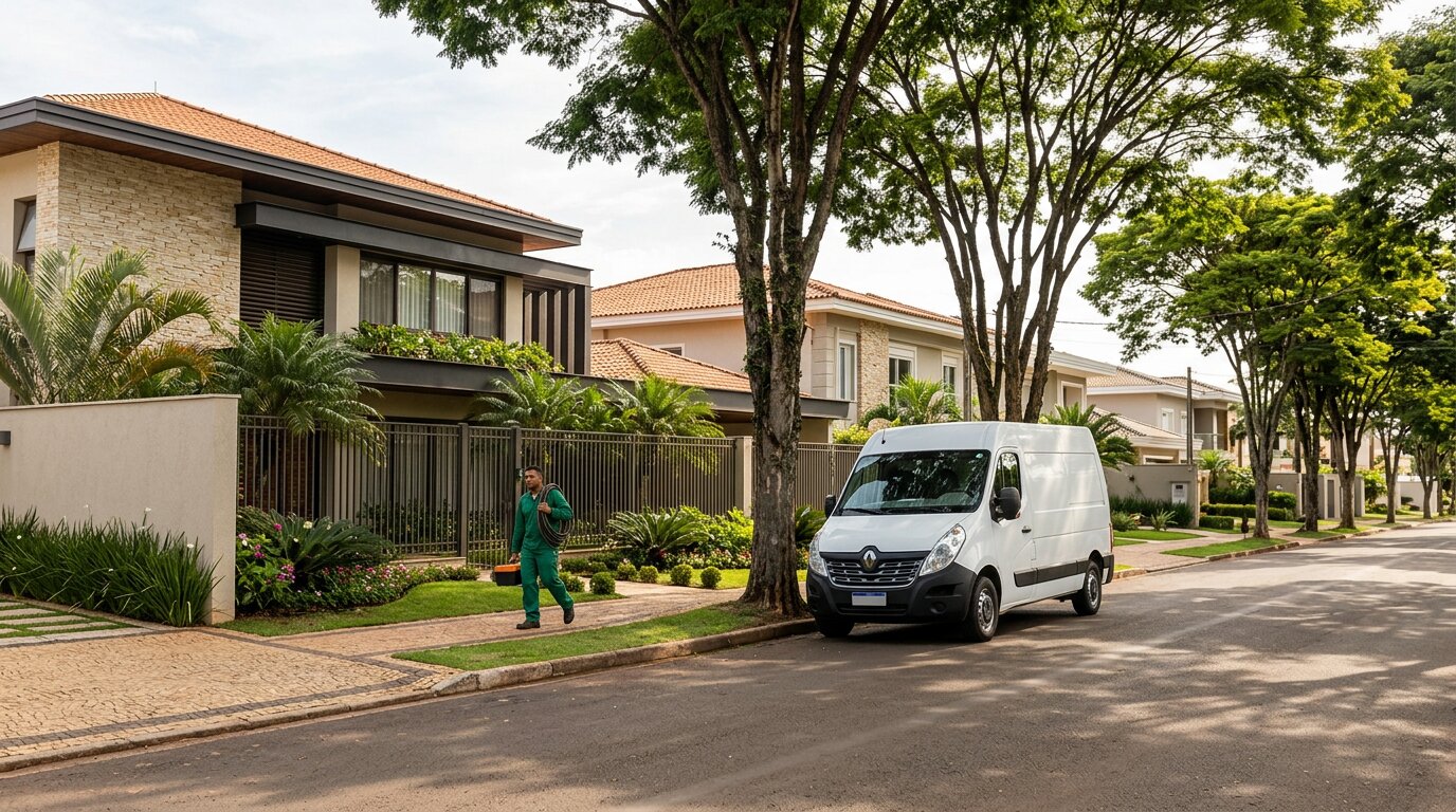 Técnico da Desentupidora GeralTec chegando para atendimento de desentupimento no bairro Higienópolis, Ribeirão Preto