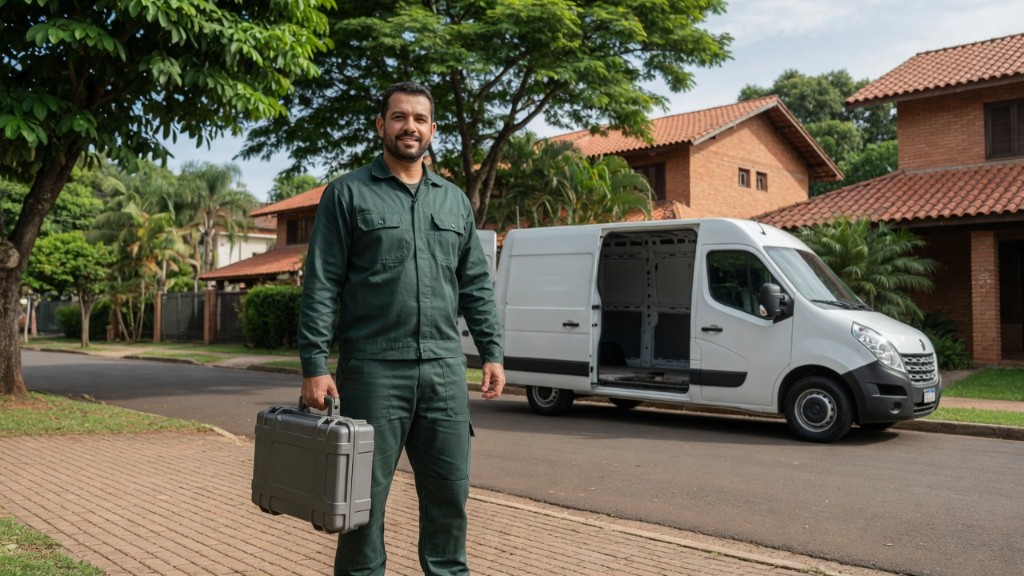 Técnico da Desentupidora GeralTec chegando para atendimento de desentupimento no bairro Jardim Macedo, Ribeirão Preto