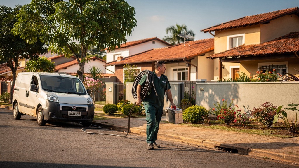 Técnico da Desentupidora GeralTec chegando para atendimento de desentupimento no bairro Lagoinha, Ribeirão Preto