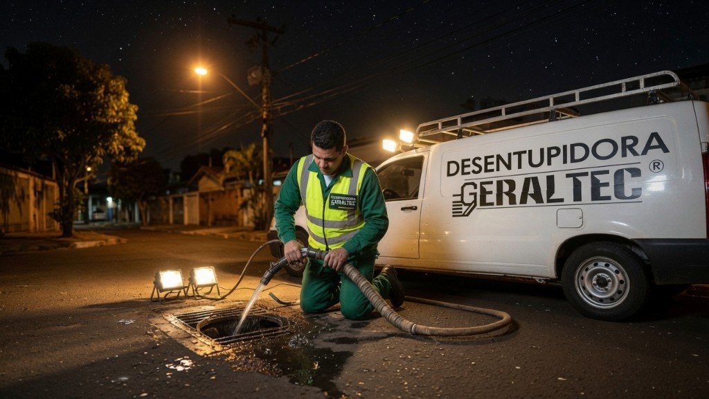 Técnico da Desentupidora GeralTec em uniforme verde e colete refletivo realizando desentupimento noturno ao lado de van de atendimento com luzes de trabalho em rua residencial de Ribeirão Preto