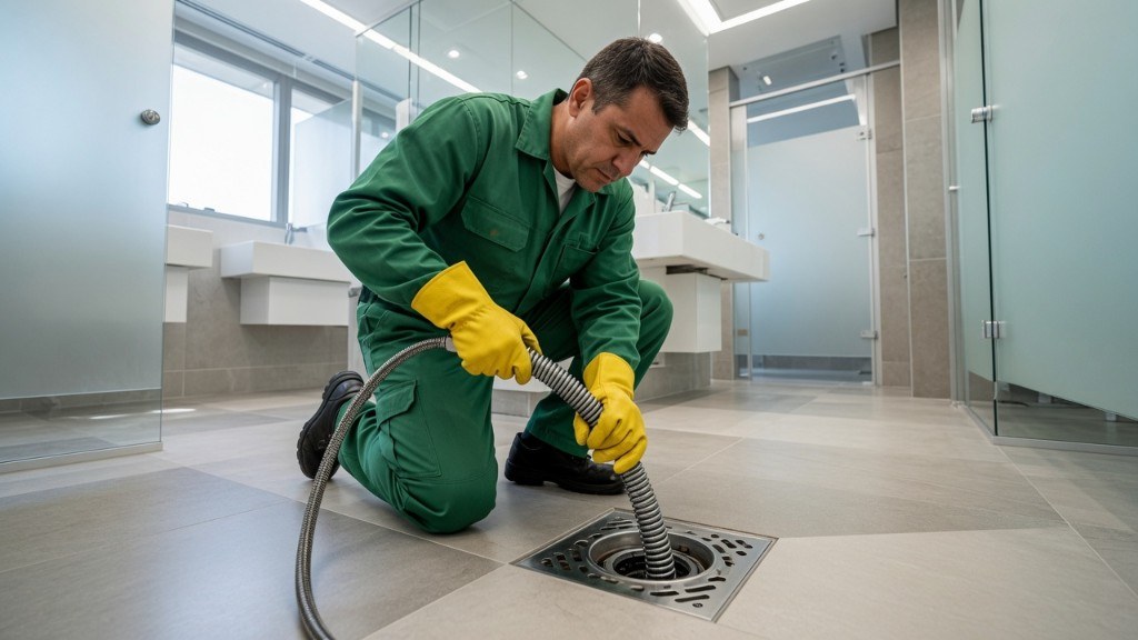 Técnico da Desentupidora GeralTec em uniforme verde desobstruindo ralo de piso com equipamento de cabo mecânico em banheiro corporativo de empresa — desentupidora para empresa em Ribeirão Preto