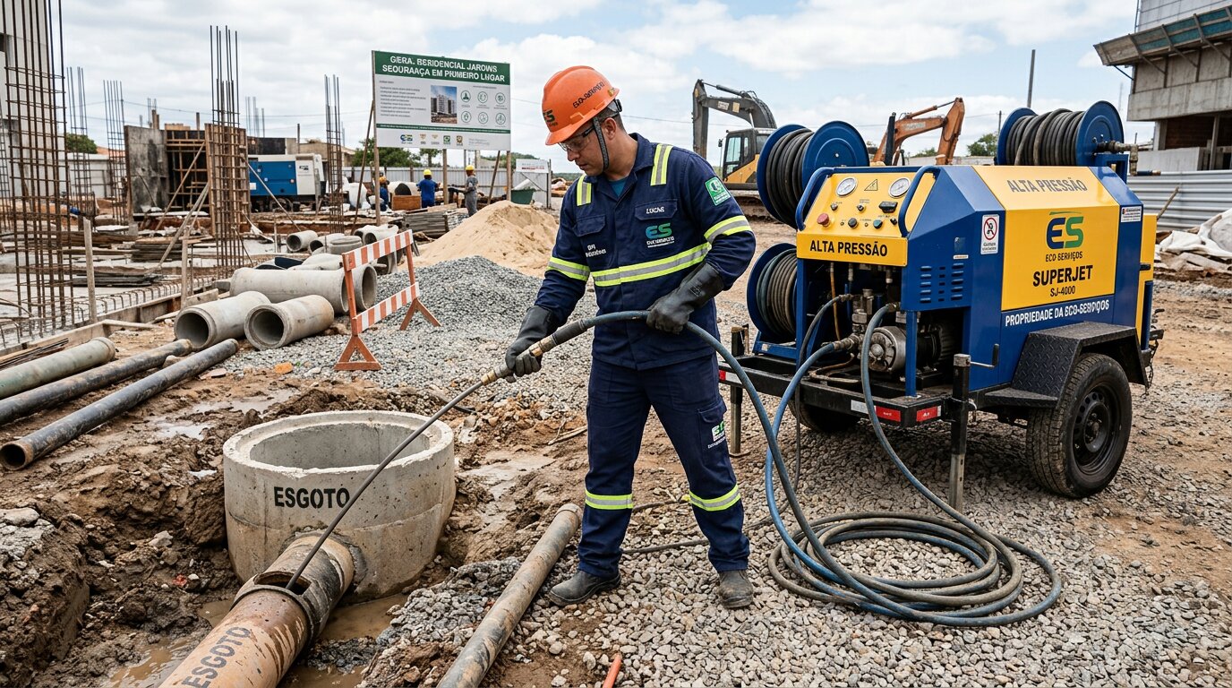 Profissional da GeralTec operando equipamento de hidrojateamento em canteiro de obras em Ribeirão Preto