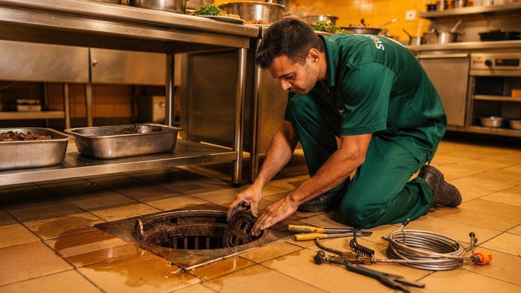 Técnico da Desentupidora GeralTec em uniforme verde desobstruindo ralo de piso e caixa de gordura em cozinha industrial de restaurante — desentupidora para restaurante em Ribeirão Preto