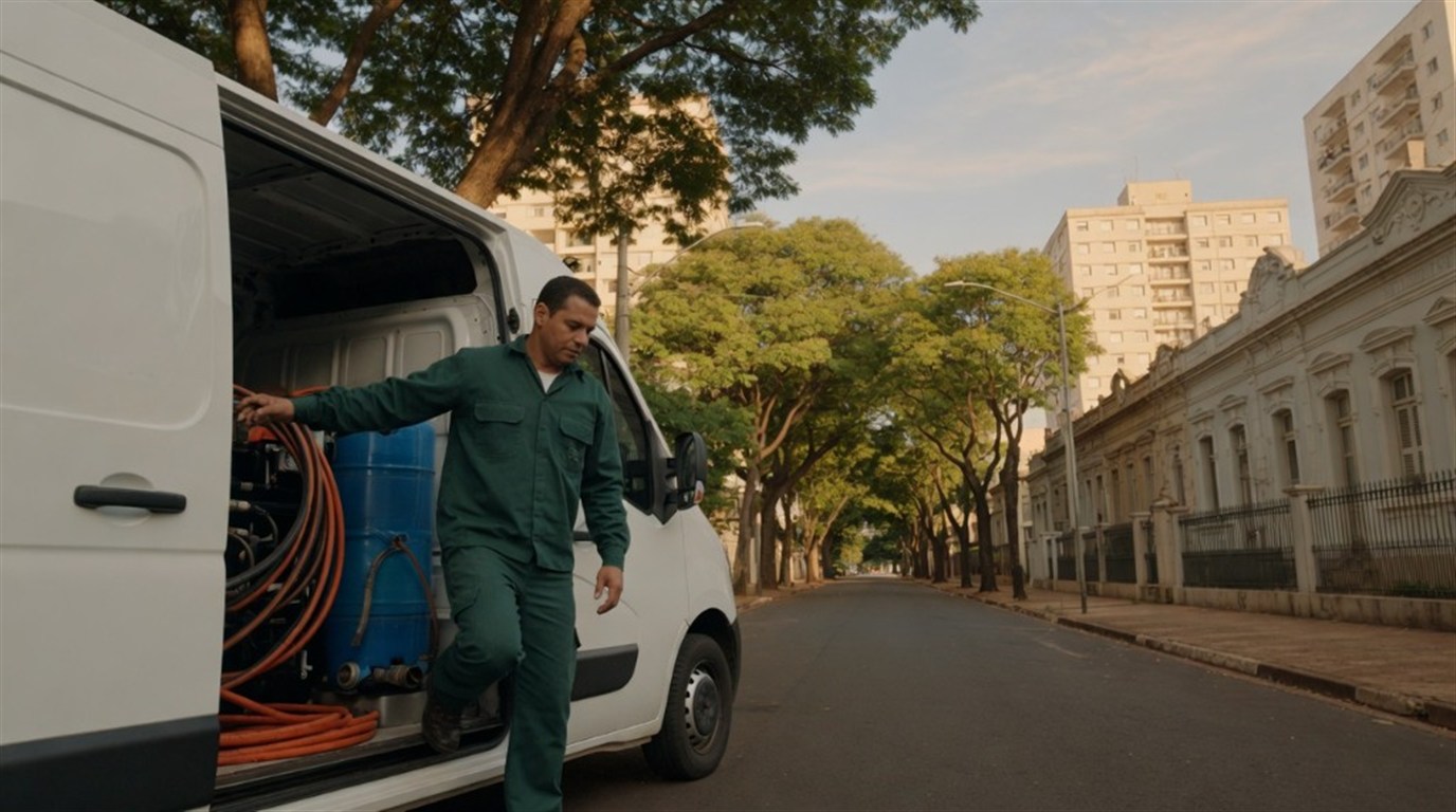 Técnico da Desentupidora GeralTec chegando para atendimento de desentupimento no bairro República, Ribeirão Preto