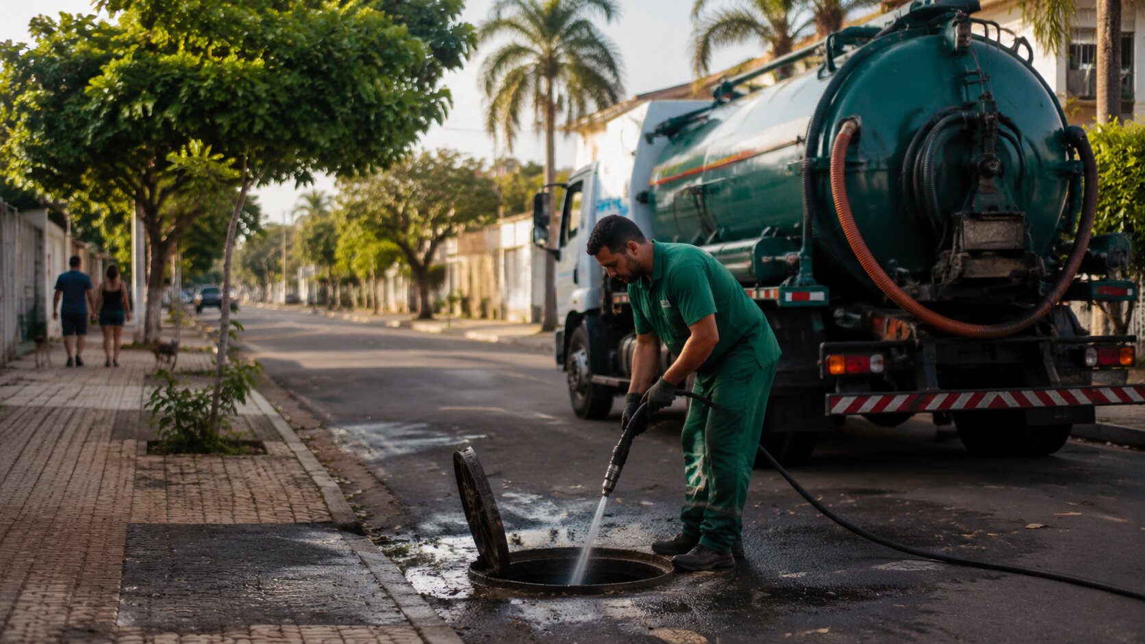 Técnico da Desentupidora GeralTec em uniforme verde realizando hidrojateamento em boca de lobo na rua, com caminhão de desentupimento ao fundo em Ribeirão Preto