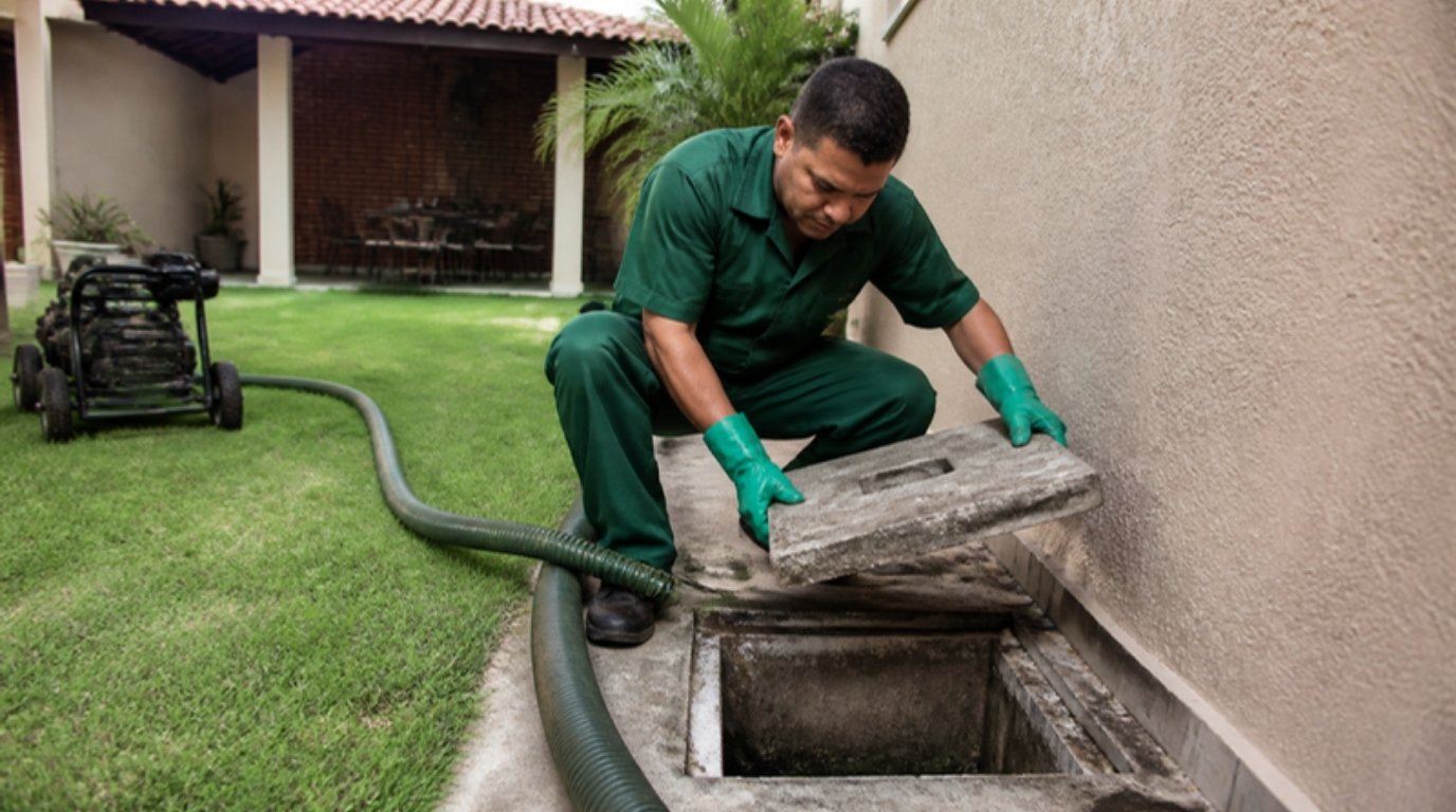 Técnico de uniforme verde abrindo a tampa de uma caixa de gordura no quintal de uma casa para inspecionar o nível