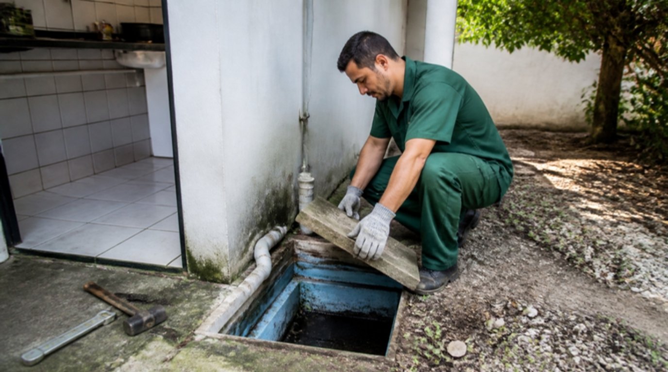Técnico de uniforme verde abre a tampa de uma caixa de gordura no quintal de uma casa para desentupir o ramal da cozinha