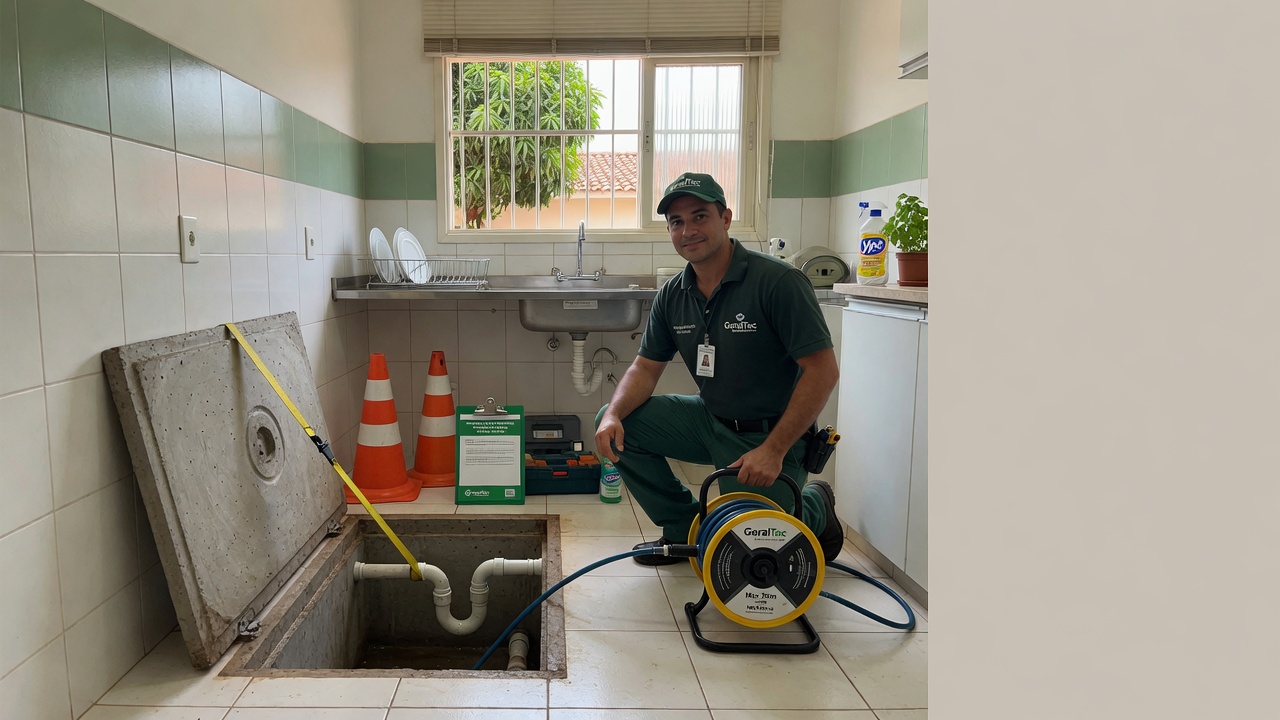 Técnico realizando desentupimento de caixa de gordura em Ribeirão Preto