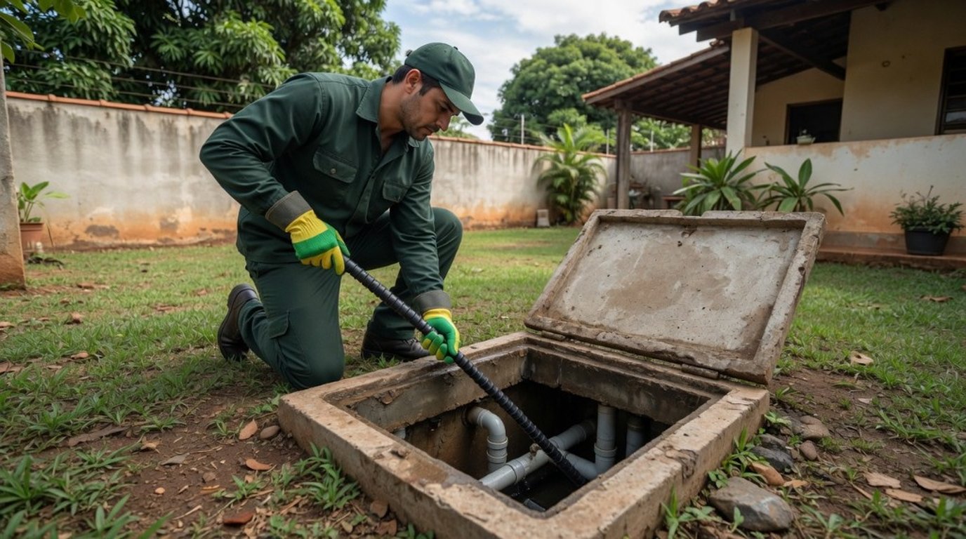 Técnico da Desentupidora GeralTec em uniforme verde desobstruindo caixa de inspeção de esgoto com cabo flexível no quintal de residência em Ribeirão Preto