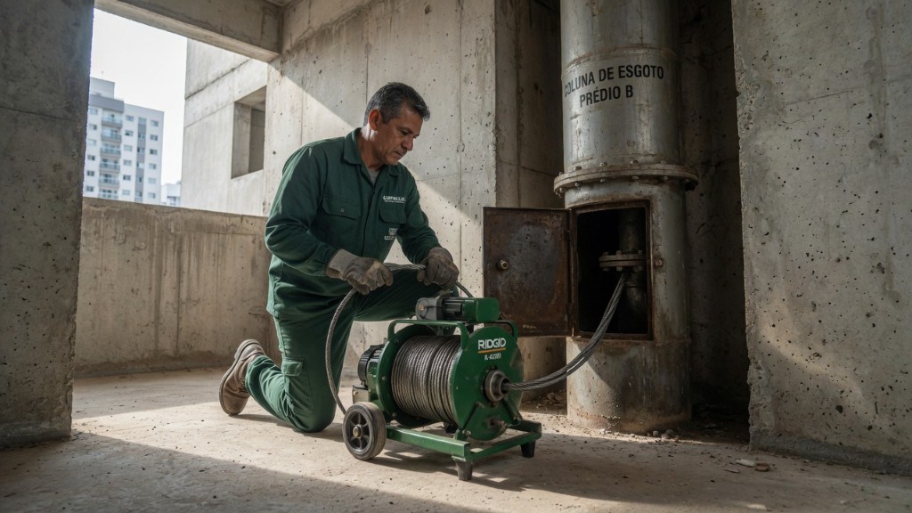 Técnico da Desentupidora GeralTec em uniforme verde operando máquina de cabo flexível para desentupimento de coluna de esgoto em prédio residencial em Ribeirão Preto