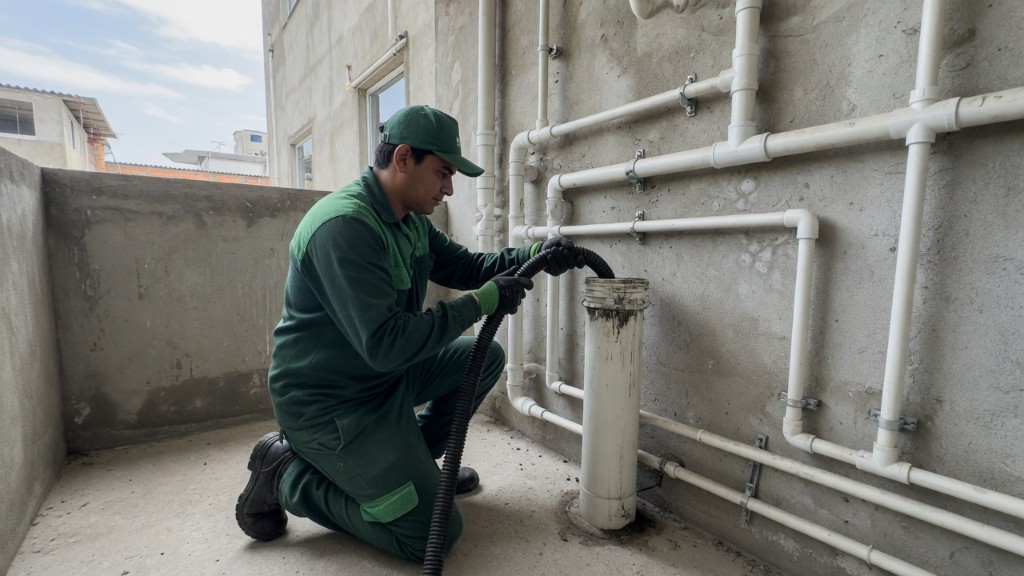 Técnico da Desentupidora GeralTec em uniforme verde realizando desentupimento de prumada com mangueira de alta pressão em coluna de esgoto exposta em área técnica de prédio residencial em Ribeirão Preto