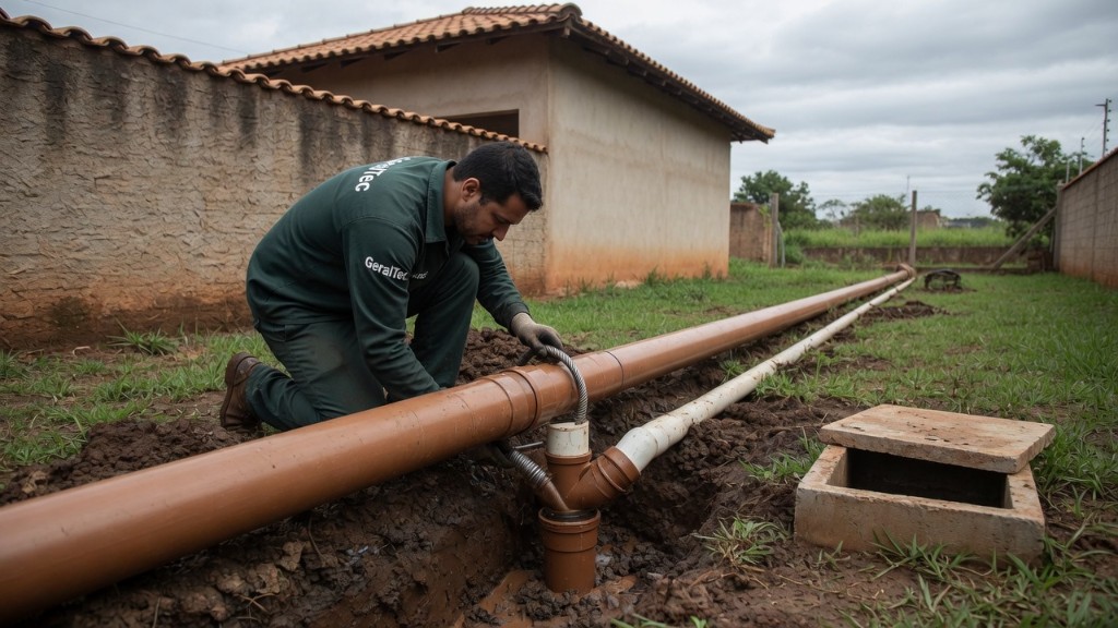 Técnico da Desentupidora GeralTec desobstruindo ramal de esgoto exposto no quintal de residência em Ribeirão Preto